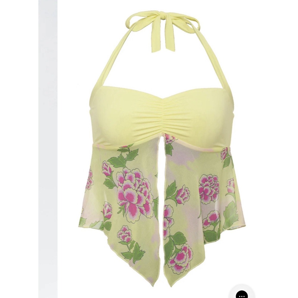 Frankies Bikinis Luna Floral Halter Top Yellow Mojito Flowy Fairy Swimsuit Sz M